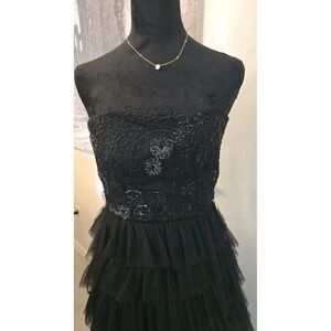 Vtg Masquerade Black Tiered Ruffle Lace Sequined Strapless Long Dress SZ 5/6